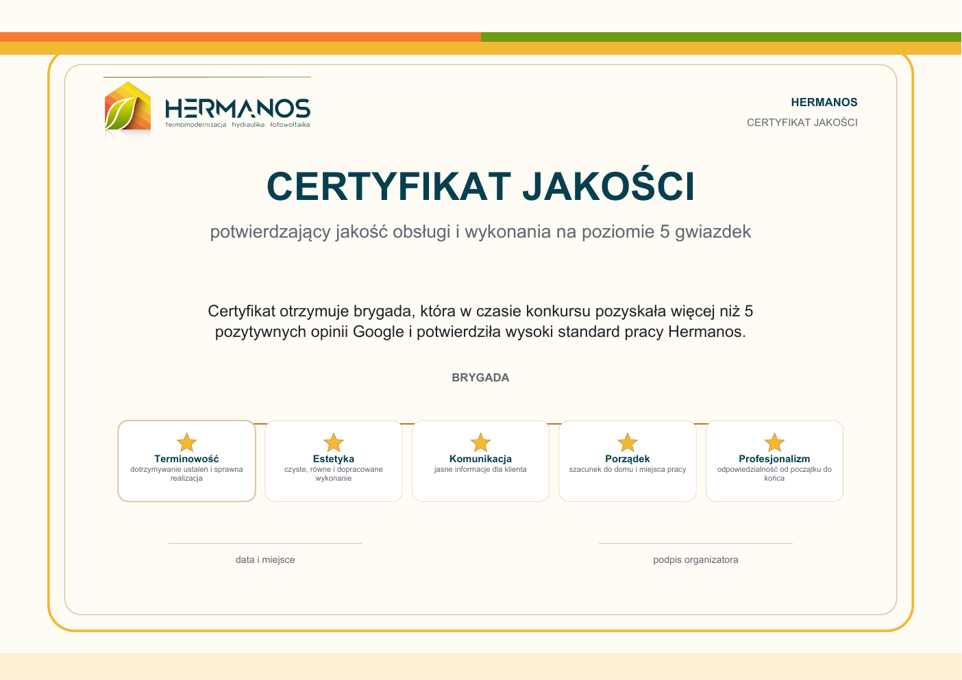 Podgląd certyfikatu jakości Hermanos